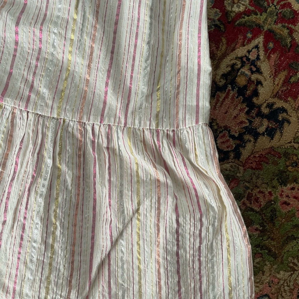 Gently preowned LOFT sundress pinafore lurex stripes ruffle hem 0 - Picture 9 of 10